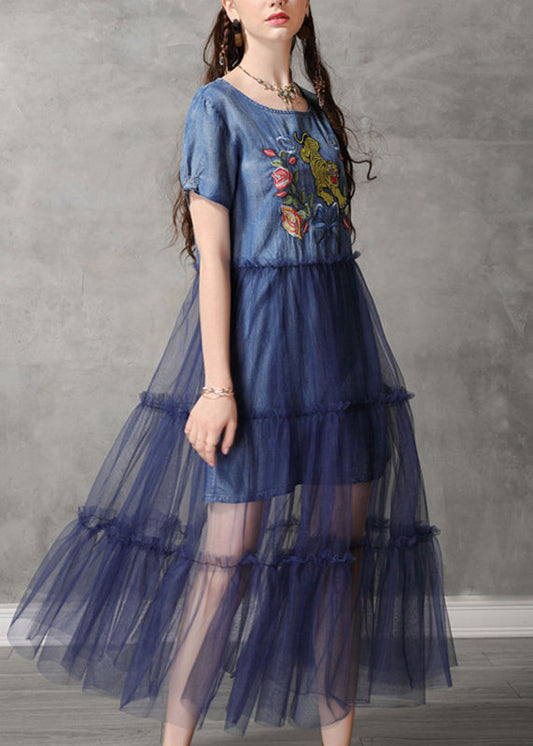 Classy Blue O-neck Embroidered Tulle Patchwork Long Denim Dresses Short Sleeve