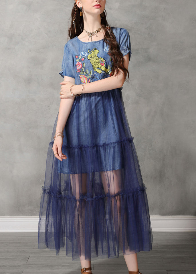 Classy Blue O-neck Embroidered Tulle Patchwork Long Denim Dresses Short Sleeve