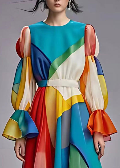 Classy Blue O-neck Flattering Party Chiffon Maxi Dress Long Sleeve