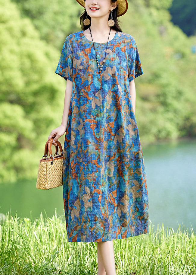 Classy Blue O-neck Print Cotton Long Dress Summer