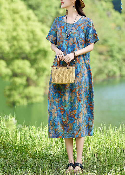 Classy Blue O-neck Print Cotton Long Dress Summer