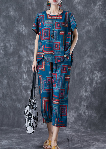 Classy Blue O-neck Print Linen Silk Sets 2 Pieces Summer