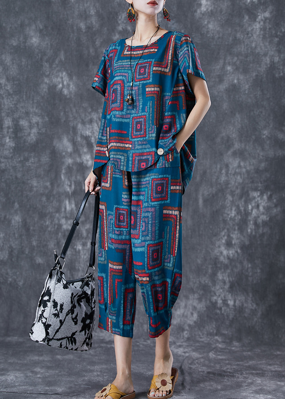 Classy Blue O-neck Print Linen Silk Sets 2 Pieces Summer