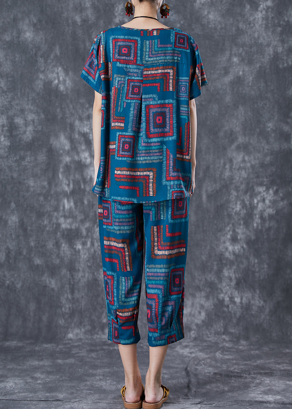 Classy Blue O-neck Print Linen Silk Sets 2 Pieces Summer