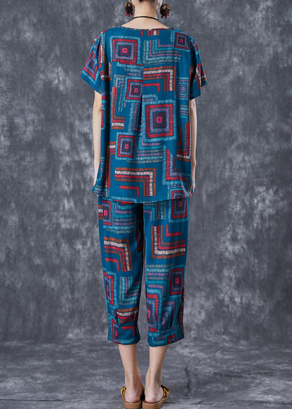 Classy Blue O-neck Print Linen Silk Sets 2 Pieces Summer