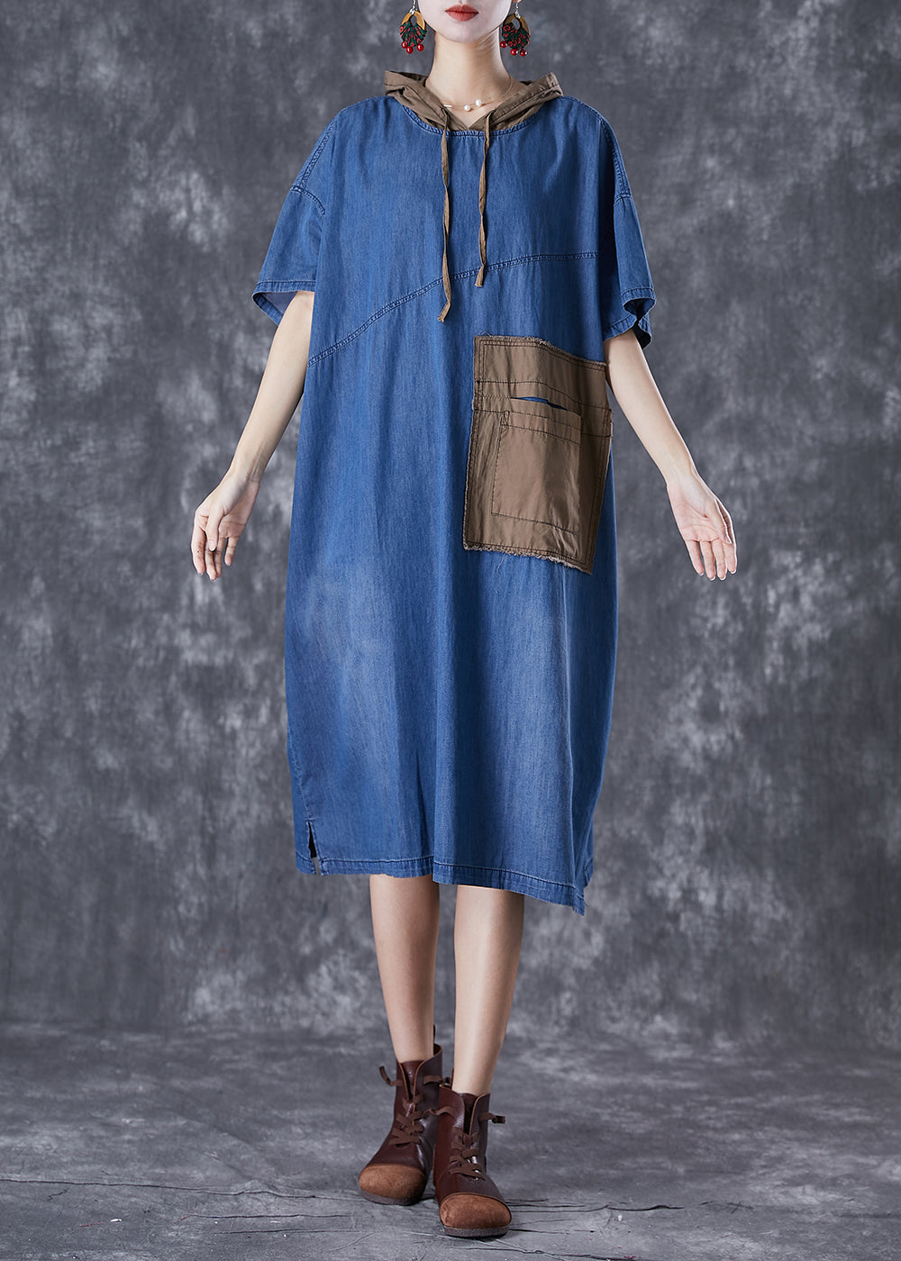 Classy Blue Oversized Patchwork Applique Denim Dress Summer