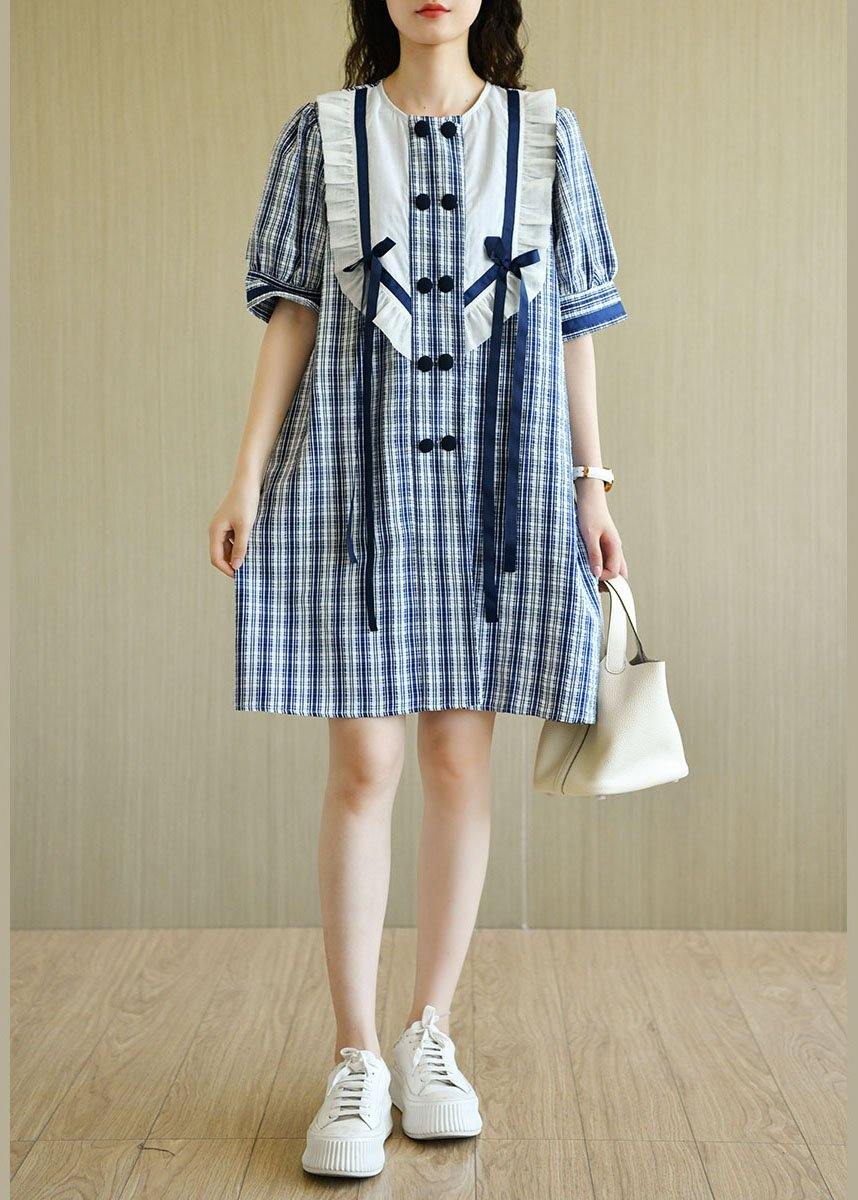 Classy Blue Plaid Ruffled O-neck Button Summer Dresses Half Sleeve