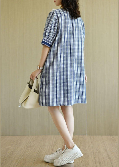 Classy Blue Plaid Ruffled O-neck Button Summer Dresses Half Sleeve