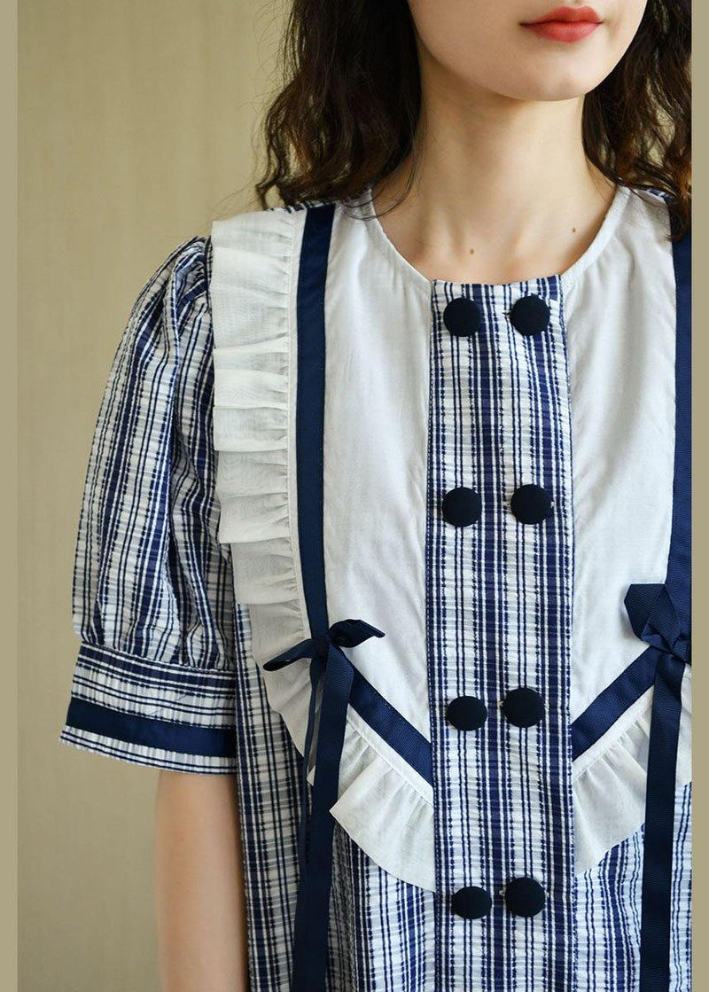 Classy Blue Plaid Ruffled O-neck Button Summer Dresses Half Sleeve