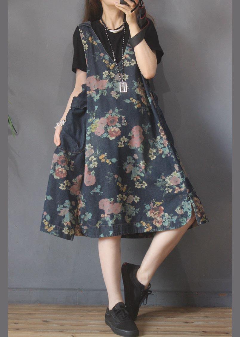 Classy Blue Print Green Cotton Side Open Summer Maxi Dresses