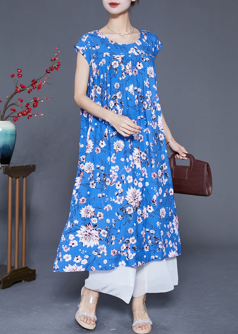 Classy Blue Print Wrinkled Cotton a Line Dresses Summer