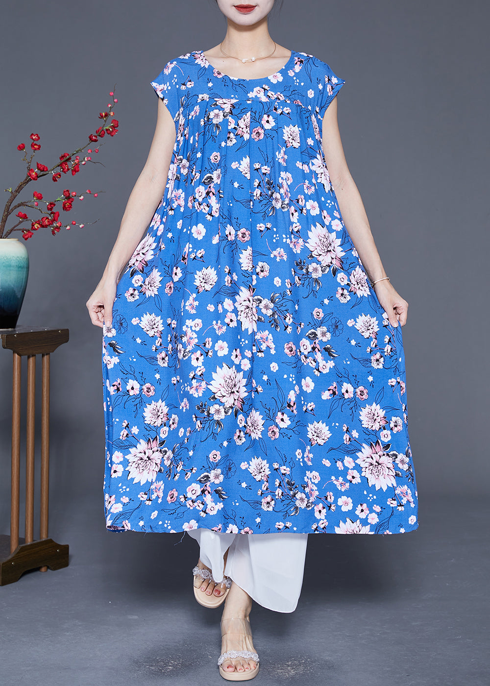 Classy Blue Print Wrinkled Cotton a Line Dresses Summer