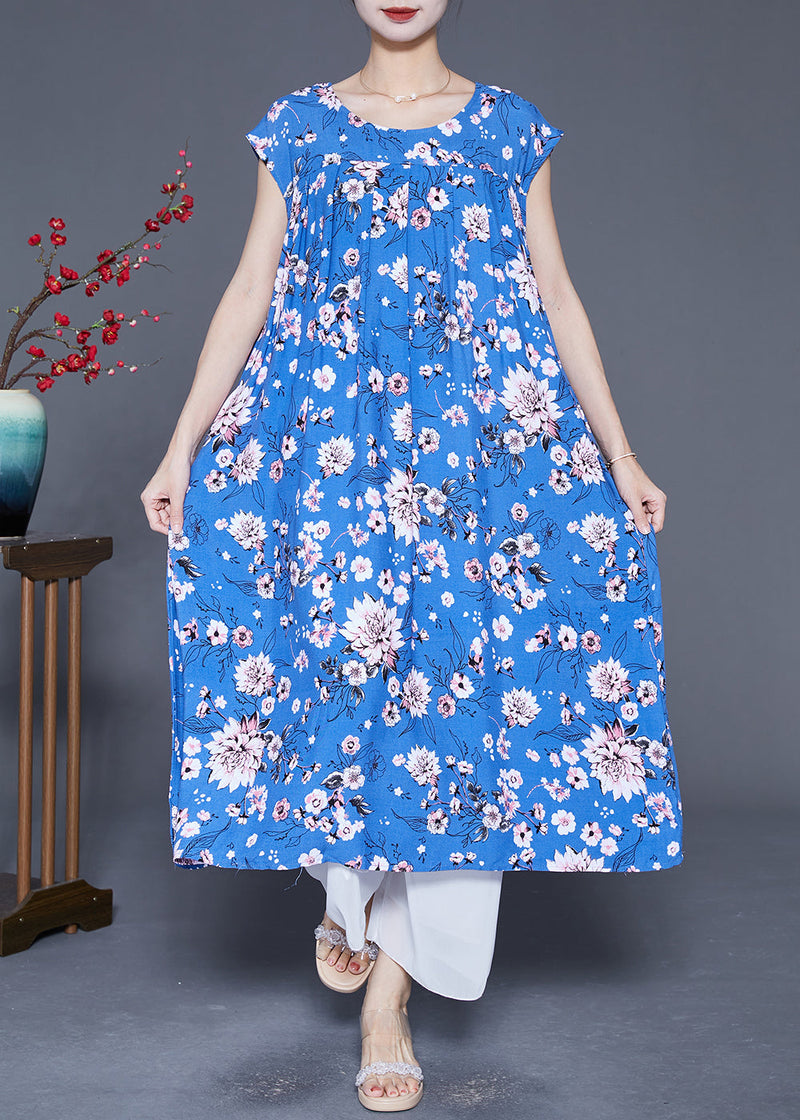 Classy Blue Print Wrinkled Cotton a Line Dresses Summer