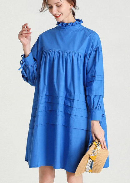 Classy Blue Ruffled Cotton Spring Mid Dress