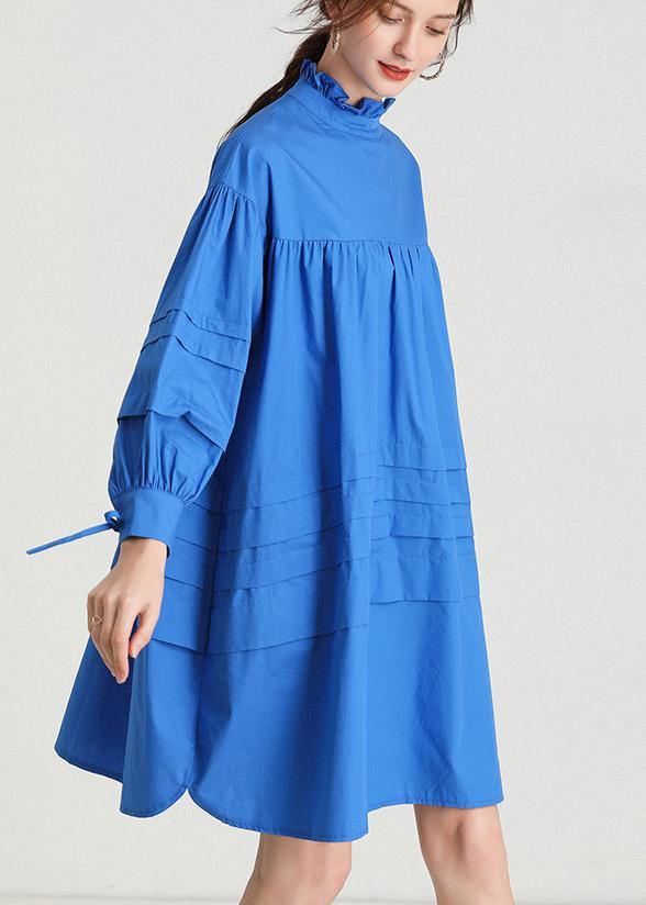 Classy Blue Ruffled Cotton Spring Mid Dress