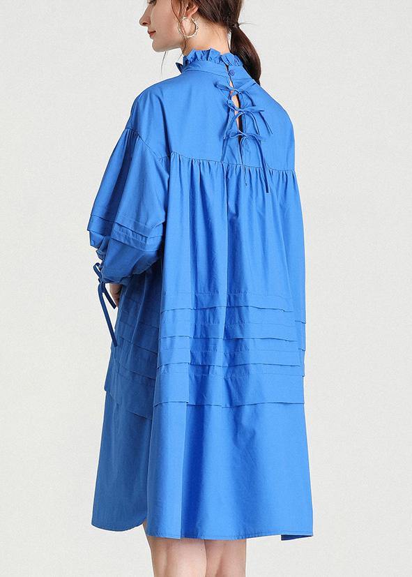 Classy Blue Ruffled Cotton Spring Mid Dress