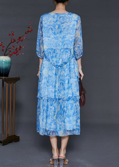 Classy Blue Ruffled Print Chiffon Long Dress Summer