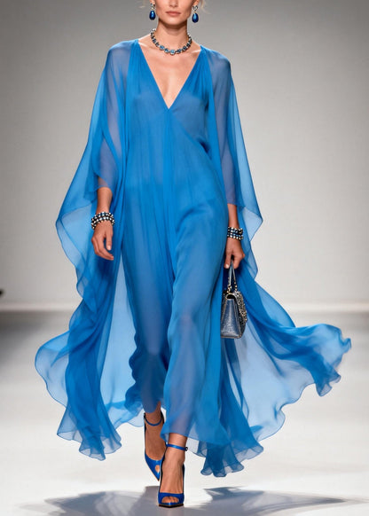 Classy Blue V Neck Draping Chiffon Dresses Summer