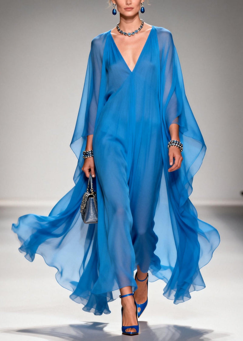 Classy Blue V Neck Draping Chiffon Dresses Summer