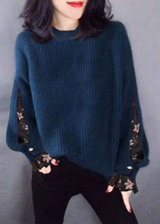 Classy Blue Tulle Knit Sweater Tops Winter