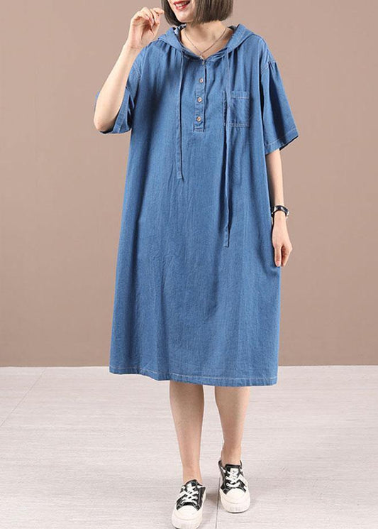 Classy Blue Hooded Button Denim Dress Summer