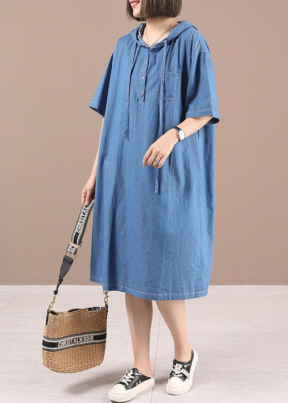 Classy Blue Hooded Button Denim Dress Summer