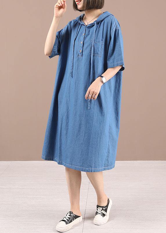 Classy Blue Hooded Button Denim Dress Summer