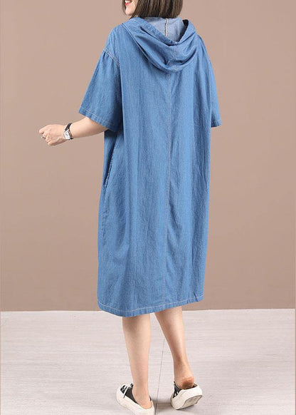 Classy Blue Hooded Button Denim Dress Summer
