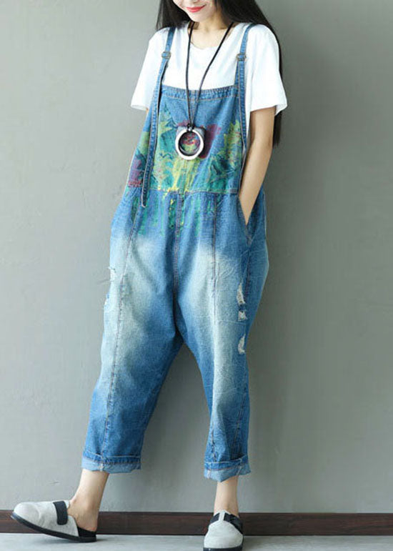 Classy Blue Print Hole Cowboy Jumpsuits Spring