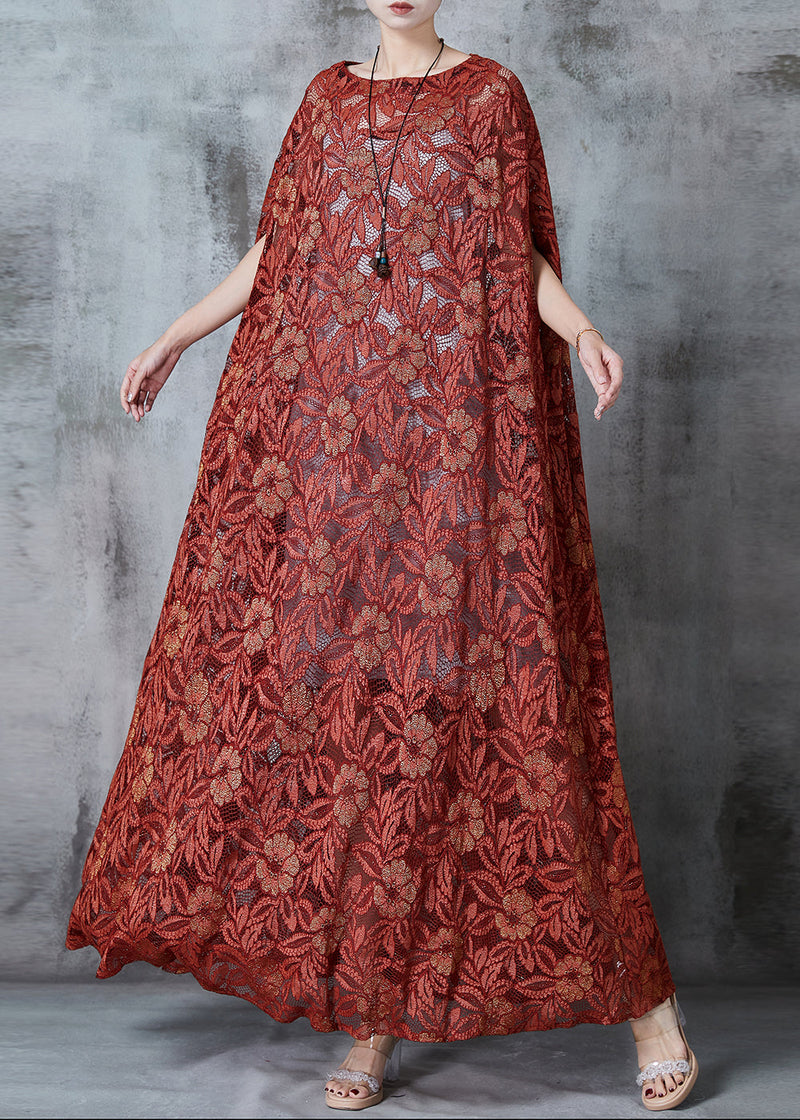 Classy Brick Red Embroidered Tulle Maxi Dresses Summer