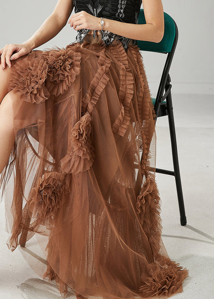 Classy Brown Ruffled Stereoscopic Tulle Skirt Spring