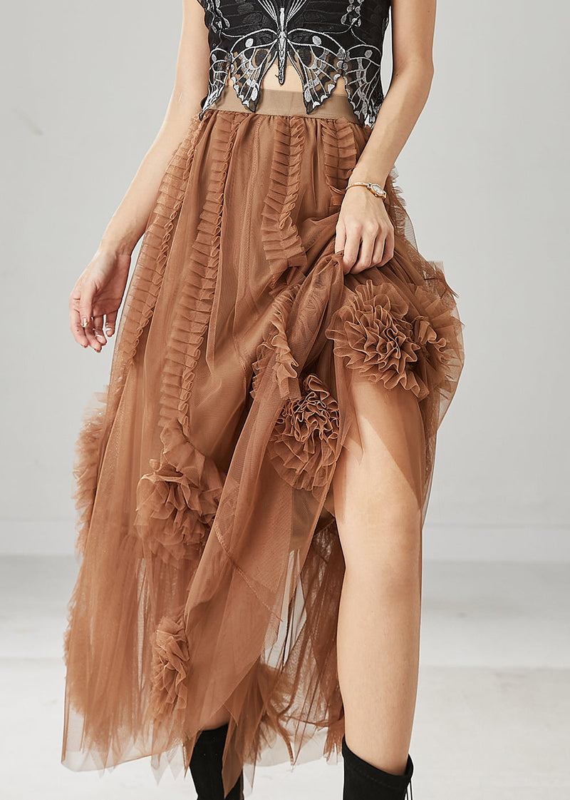 Classy Brown Ruffled Stereoscopic Tulle Skirt Spring