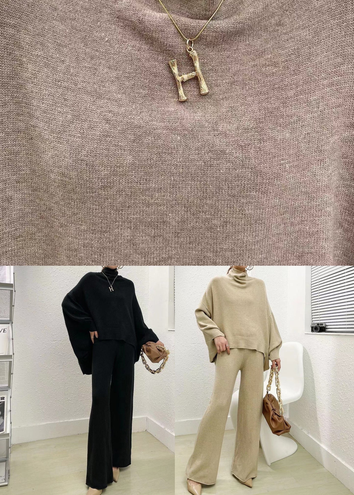 Classy Camel Sweaters and Wide Leg Pants Knit Two Piece Set Spring