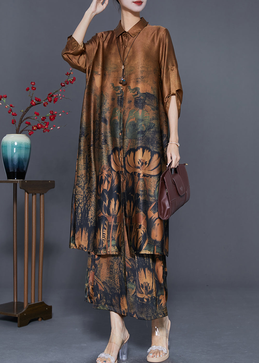 Classy Coffee Oversized Print Silk Long Shirt and Straight Pant Two Piece Set Fall