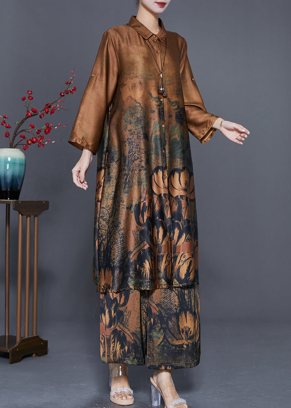 Classy Coffee Oversized Print Silk Long Shirt and Straight Pant Two Piece Set Fall