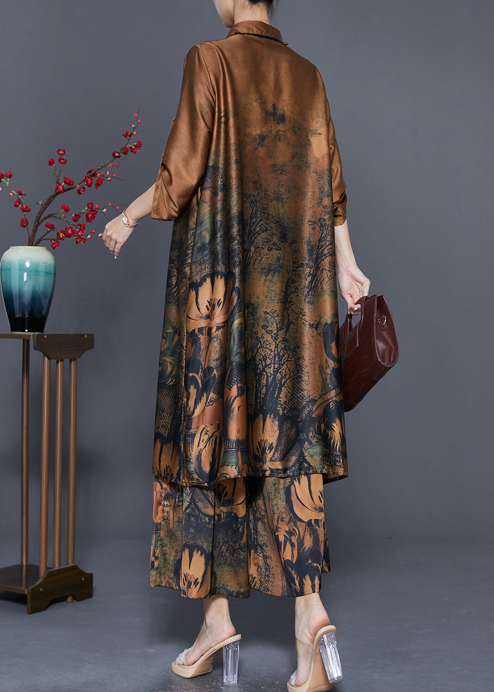 Classy Coffee Oversized Print Silk Long Shirt and Straight Pant Two Piece Set Fall