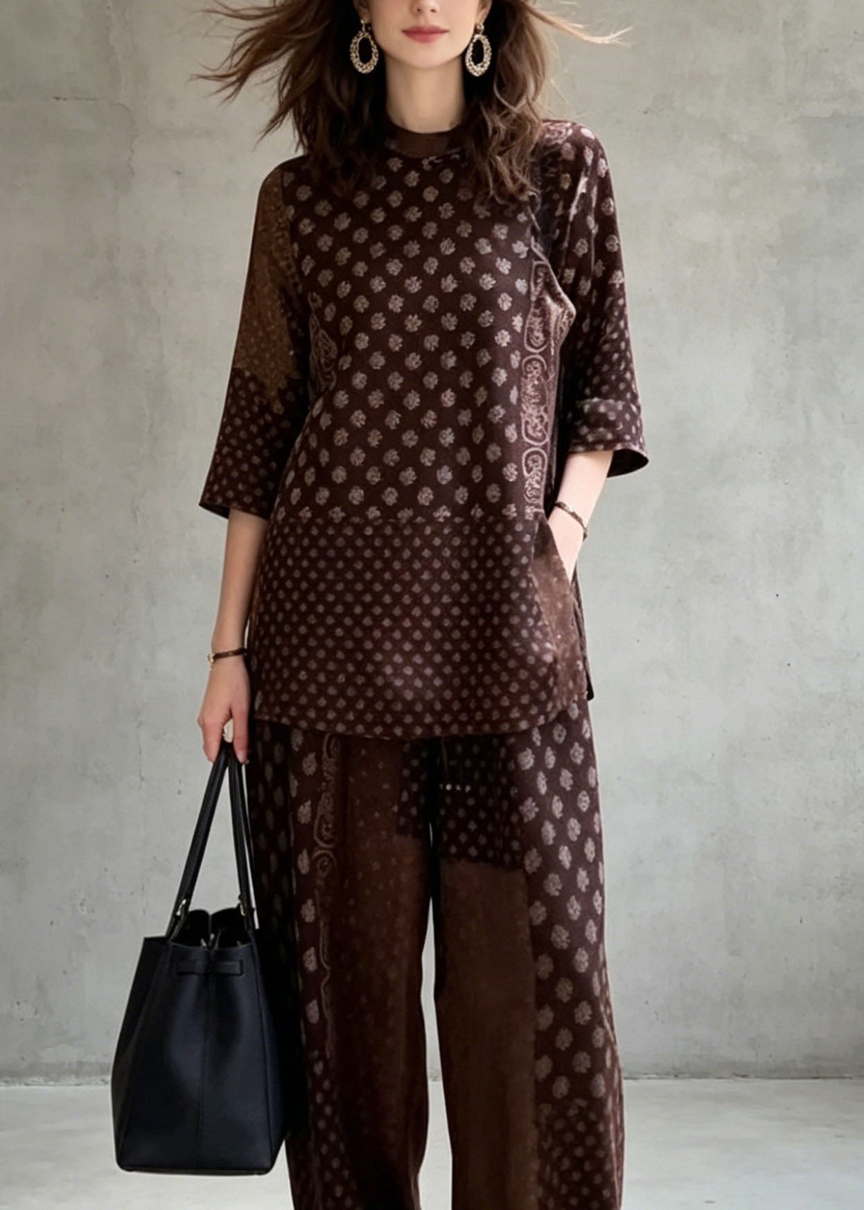 Classy Coffee Print Top and Pants Silk Two Pieces Set Summer