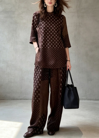 Classy Coffee Print Top and Pants Silk Two Pieces Set Summer