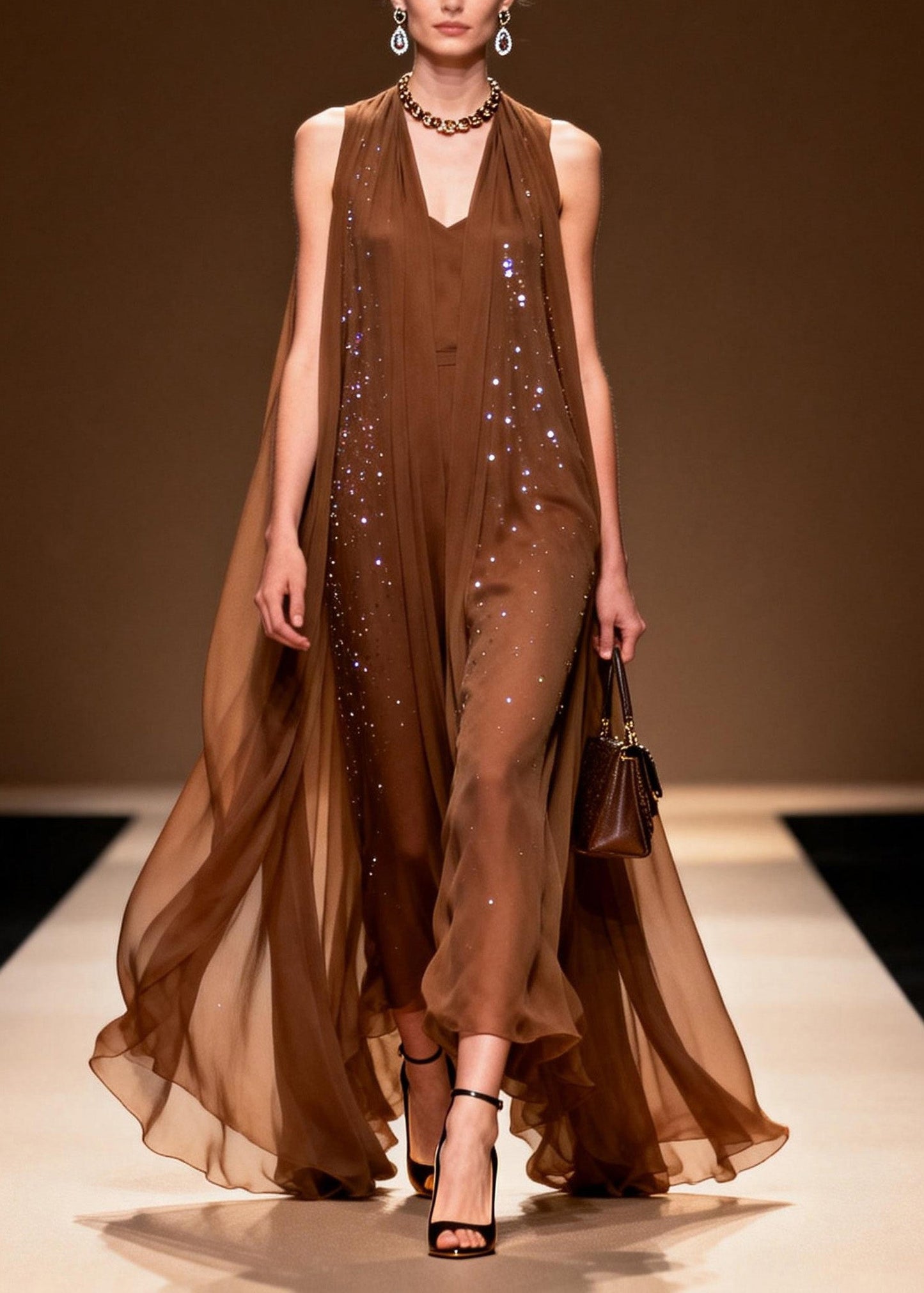Classy Coffee V Neck Zircon Chiffon Robe Dresses Sleeveless