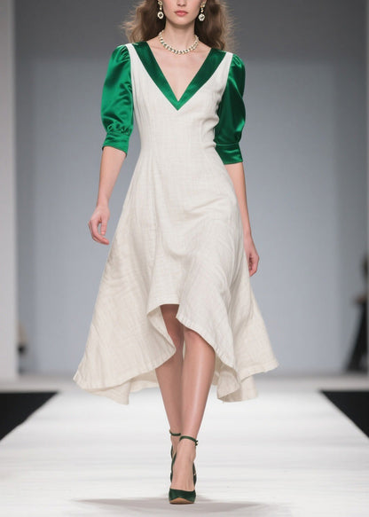 Classy Colorblock Asymmetrical Patchwork Linen Silk Dress Summer