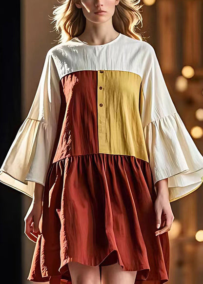 Classy Colorblock O-neck Patchwork Linen Beach Dresses Flare Sleeve