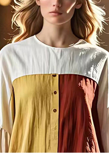Classy Colorblock O-neck Patchwork Linen Beach Dresses Flare Sleeve