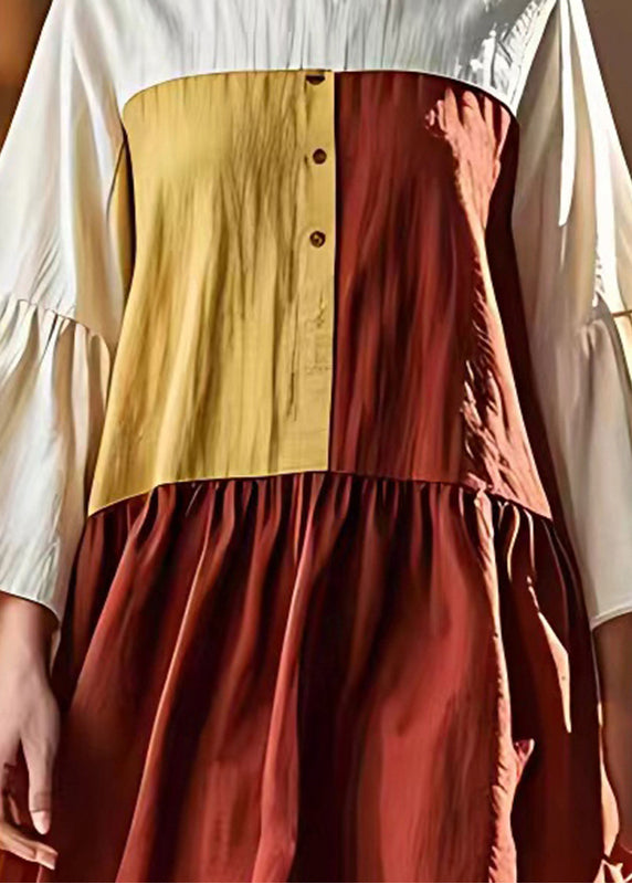 Classy Colorblock O-neck Patchwork Linen Beach Dresses Flare Sleeve