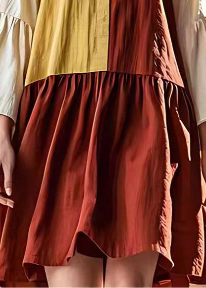 Classy Colorblock O-neck Patchwork Linen Beach Dresses Flare Sleeve