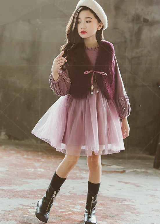 Classy Dark Purple V Neck Leather Fur Waistcoat and Tulle Dress Two Piece Set Fall