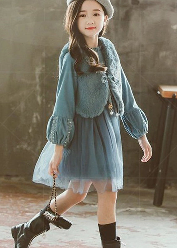 Classy Dark Purple V Neck Leather Fur Waistcoat and Tulle Dress Two Piece Set Fall