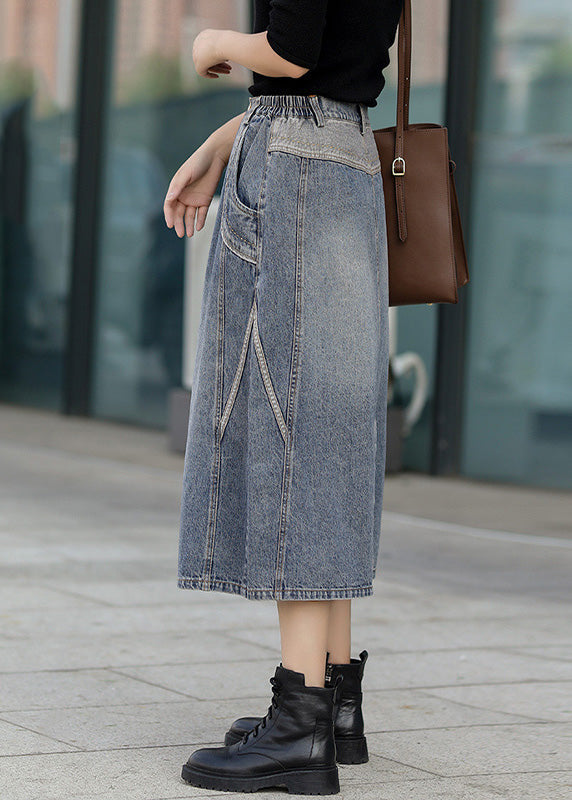 Classy Denim Blue Patchwork Elastic Waist a Line Skirt