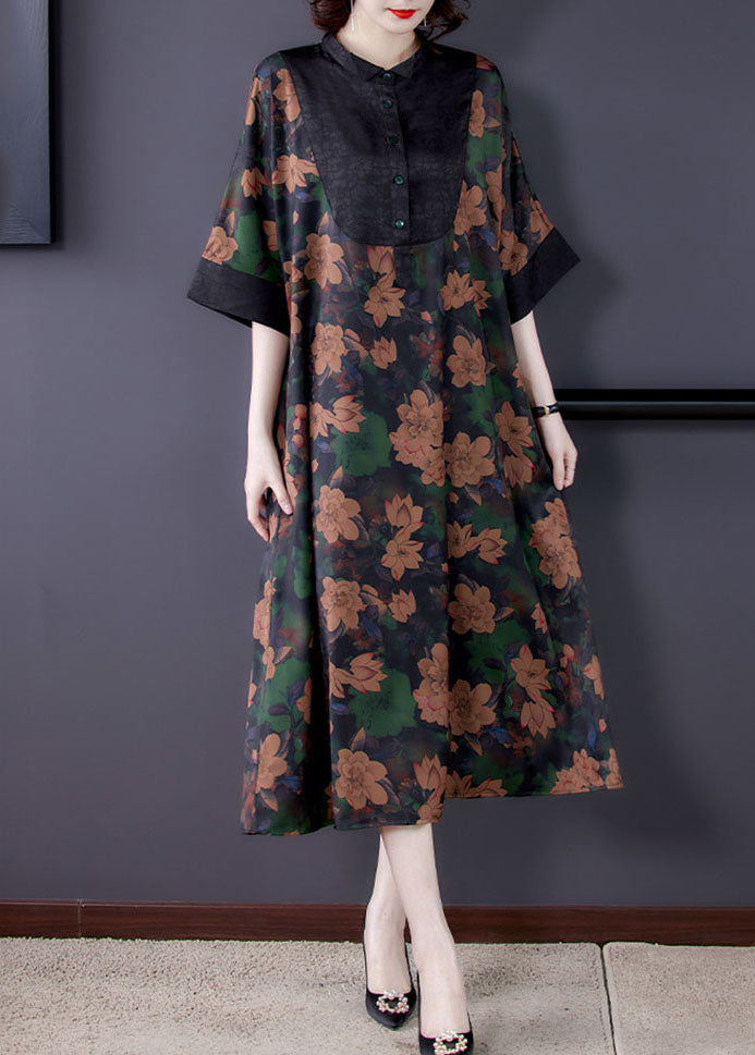 Classy Stand Collar Button Patchwork Silk Dresses Summer