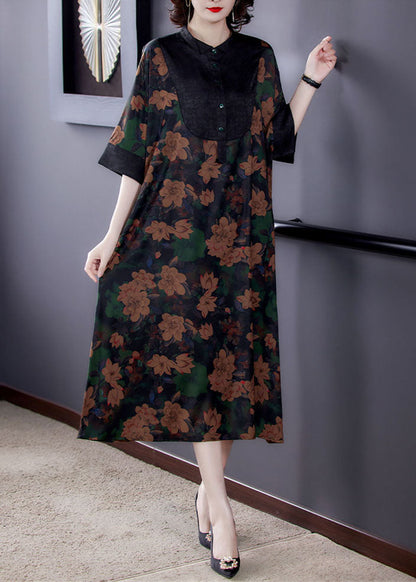 Classy Stand Collar Button Patchwork Silk Dresses Summer