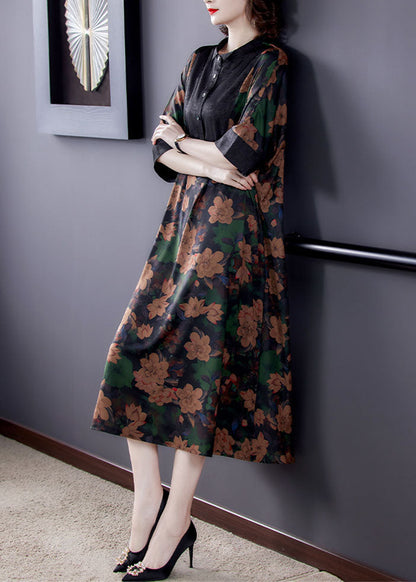 Classy Stand Collar Button Patchwork Silk Dresses Summer